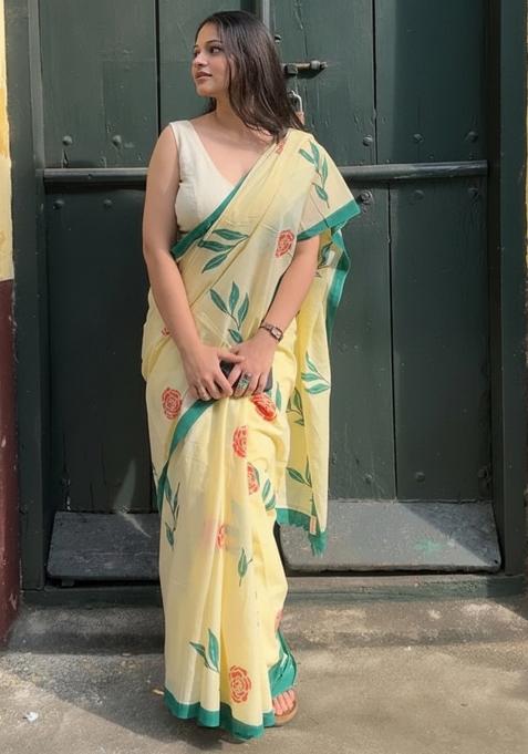 Yellow Embroidery Linen Saree Set