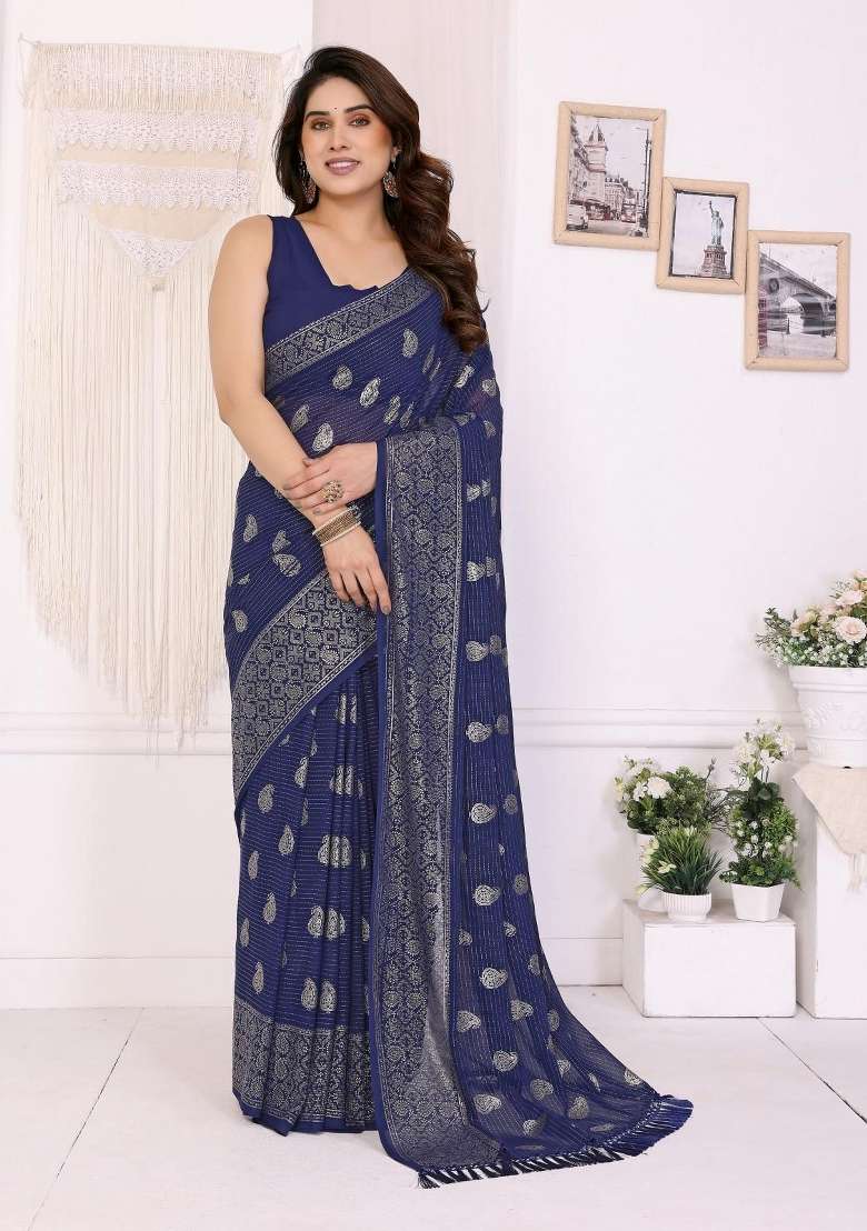 Navy Blue Georgette Saree Set with Embroidery for Diwali | Wedding & Festive Wear - Indya