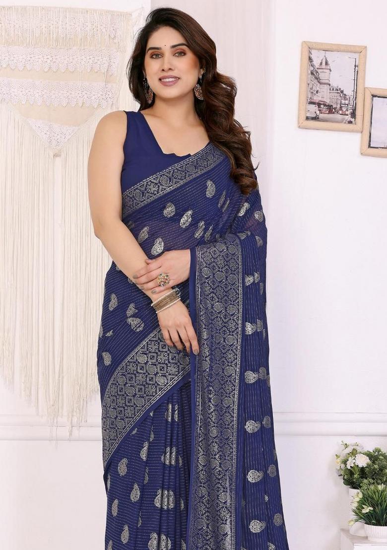 Navy Blue Embroidery Georgette Saree Set - Indya