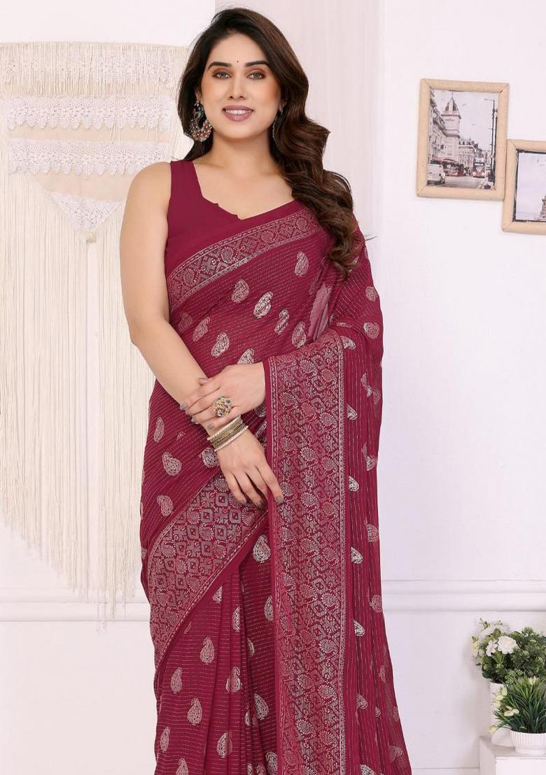 Maroon Embroidery Georgette Saree Set - Indya