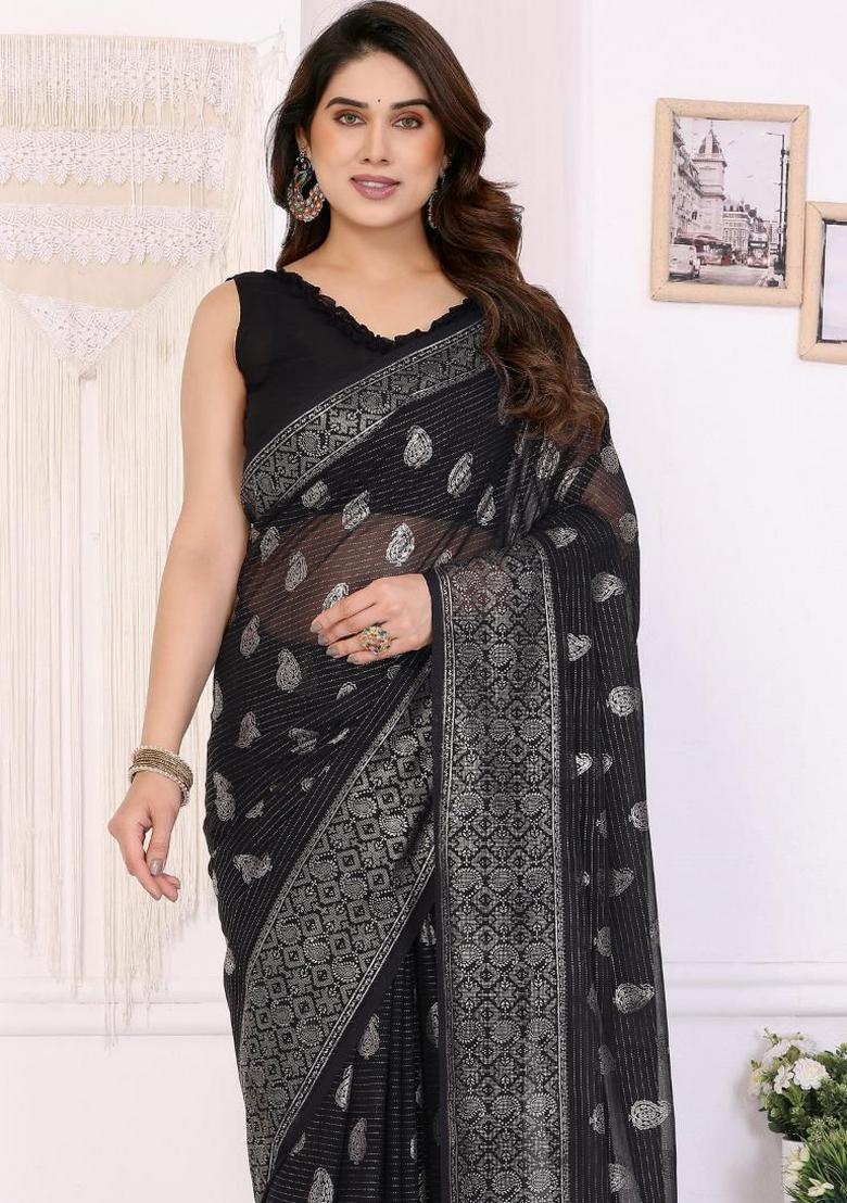 Black Embroidery Georgette Saree Set - Indya