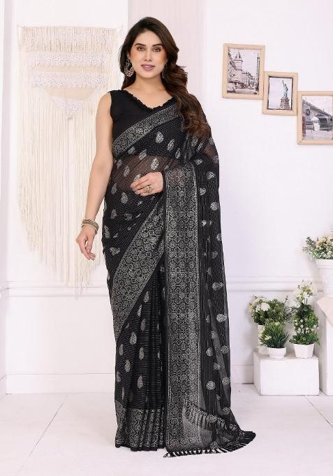 Black Embroidery Georgette Saree Set