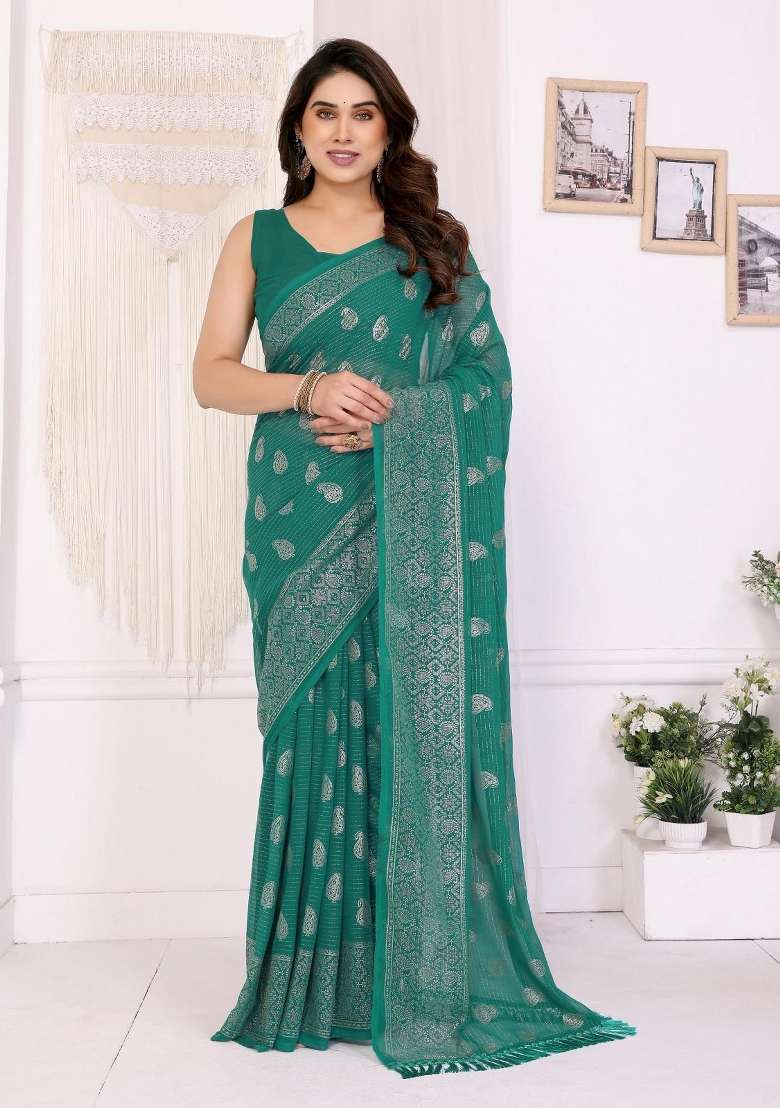 Green Georgette Saree Set with Embroidery for Diwali | Wedding & Festive Wear - Indya