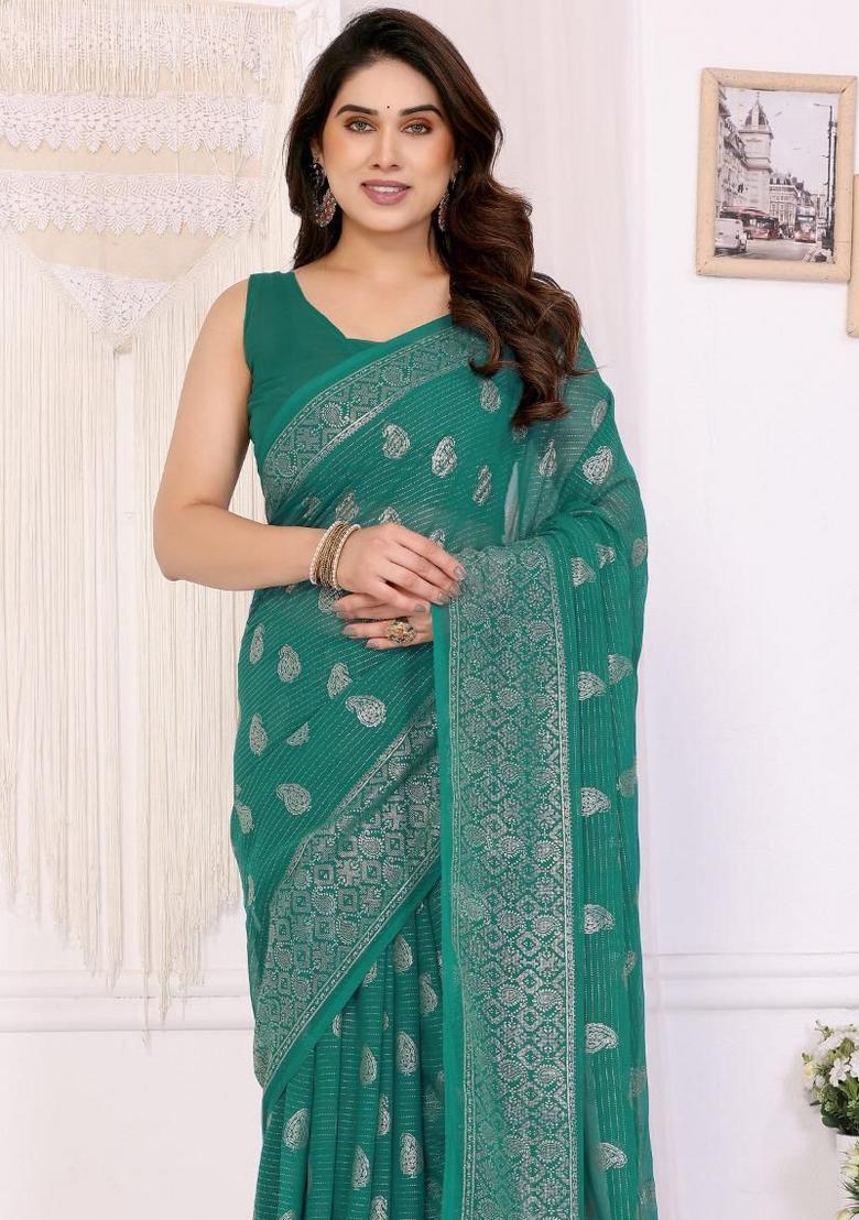 Green Embroidery Georgette Saree Set - Indya