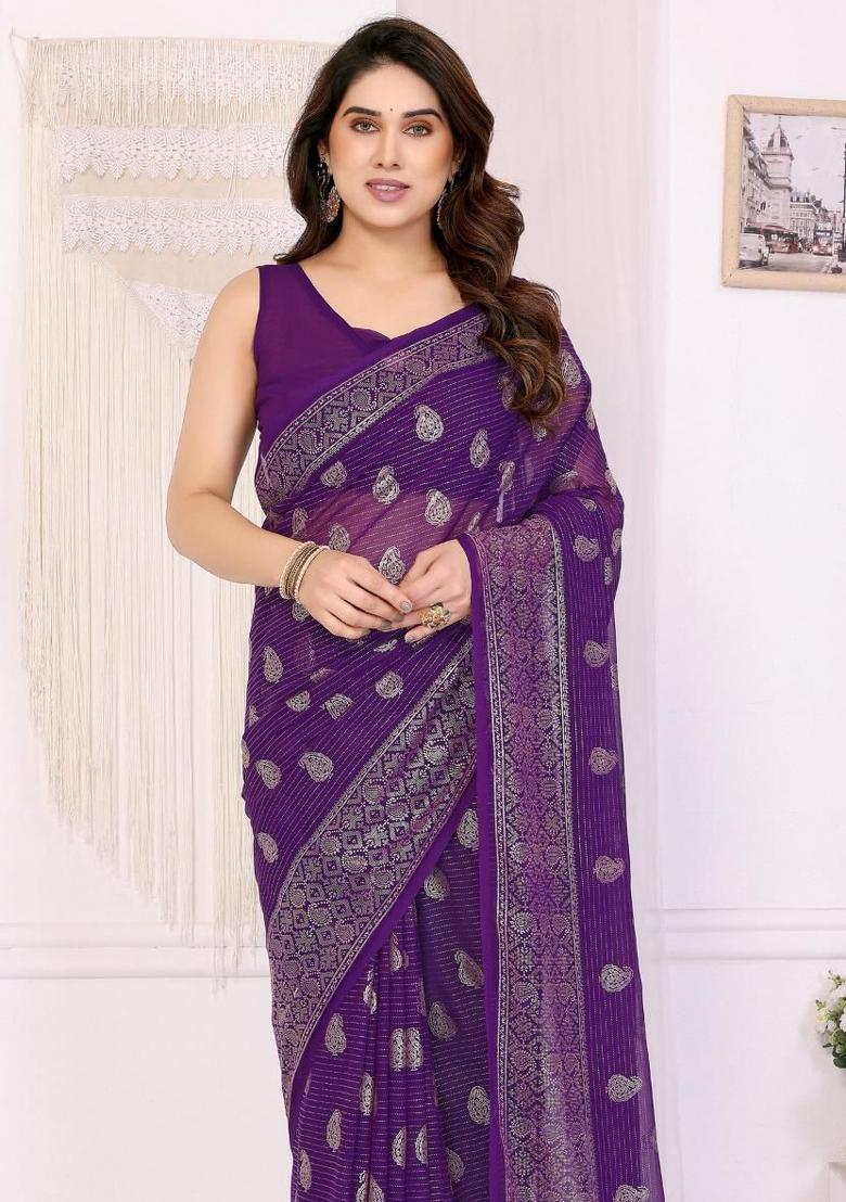 Purple Embroidery Georgette Saree Set - Indya