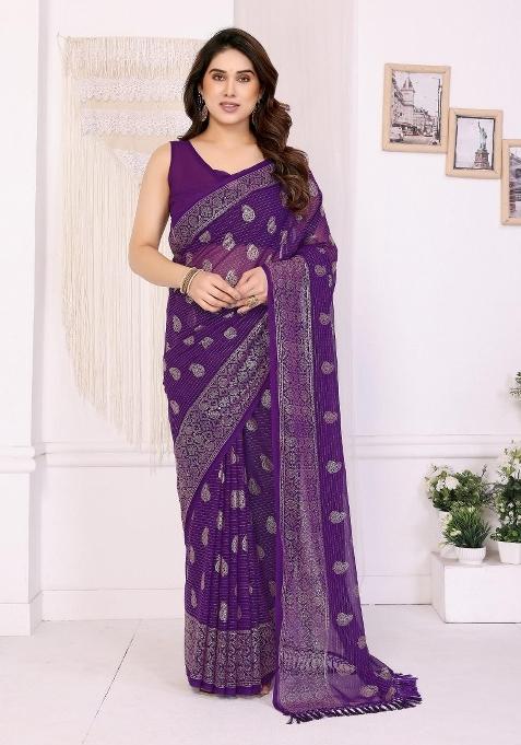 Purple Embroidery Georgette Saree Set