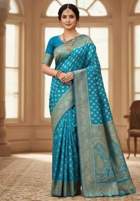 Light Blue Embroidery Silk Saree Set