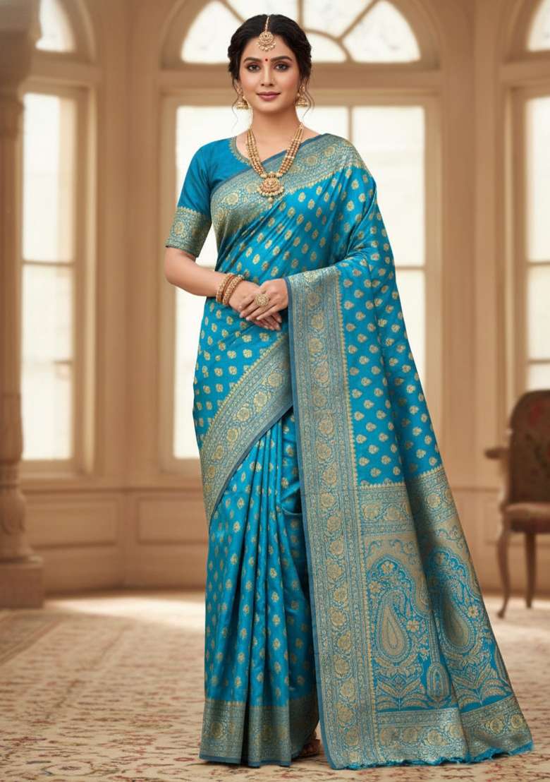 Light Blue Silk Blend Saree Set with Embroidery for Diwali | Wedding & Festive Wear - Indya