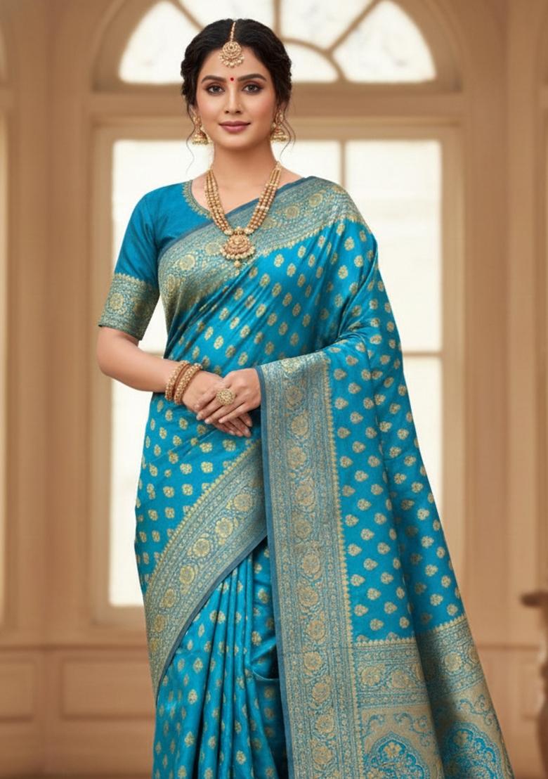 Light Blue Embroidery Silk Saree Set - Indya