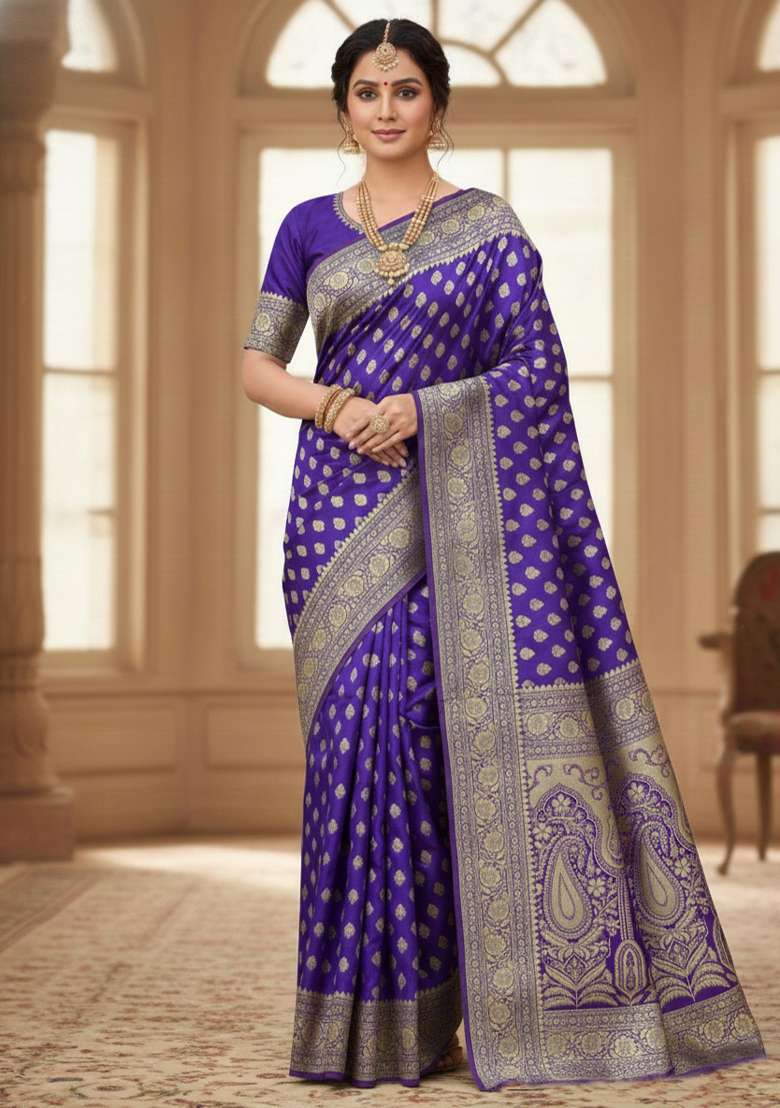 Royal Blue Silk Blend Saree Set with Embroidery for Diwali | Wedding & Festive Wear - Indya