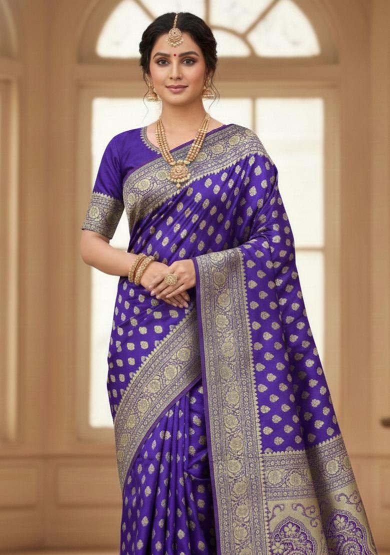 Royal Blue Embroidery Silk Saree Set - Indya