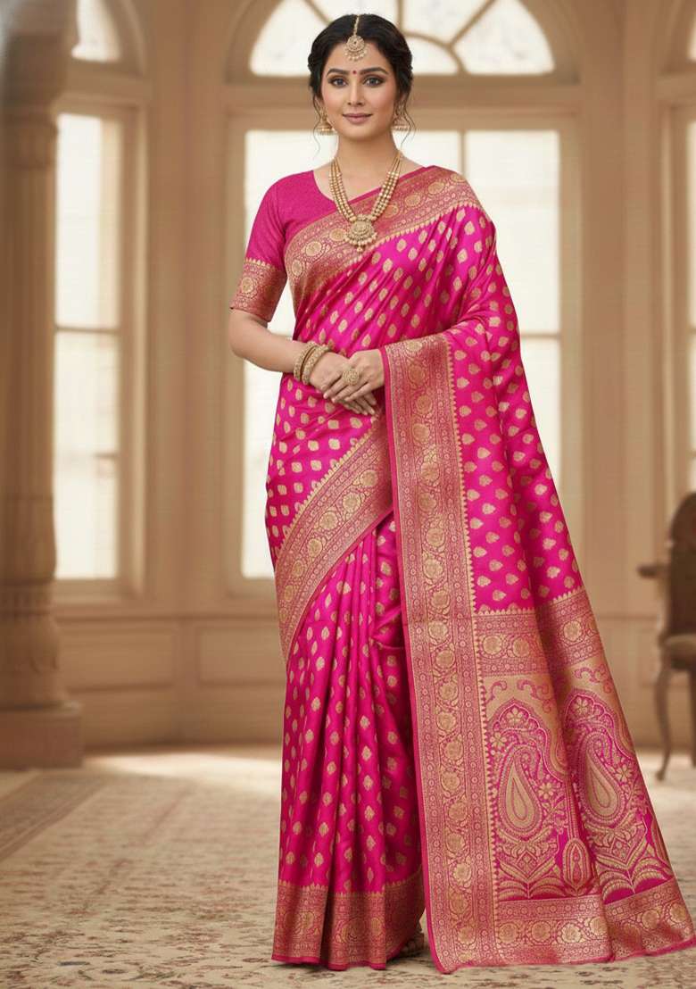 Pink Silk Blend Saree Set with Embroidery for Diwali | Wedding & Festive Wear - Indya