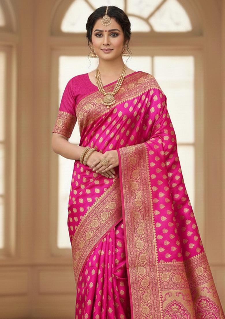 Pink Embroidery Silk Saree Set - Indya