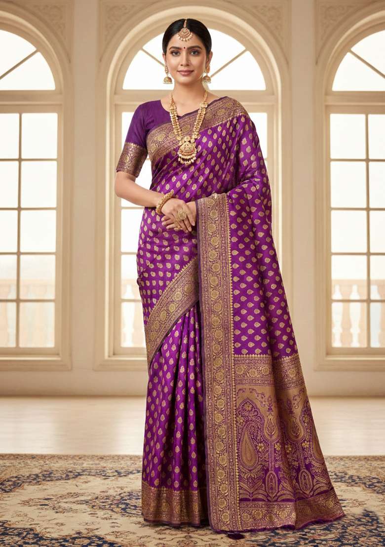 Purple Silk Blend Saree Set with Embroidery for Diwali | Wedding & Festive Wear - Indya