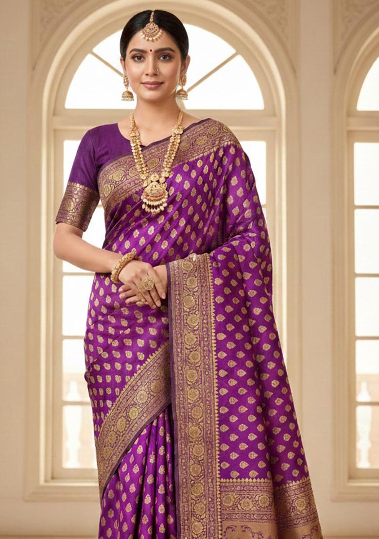 Purple Embroidery Silk Saree Set - Indya