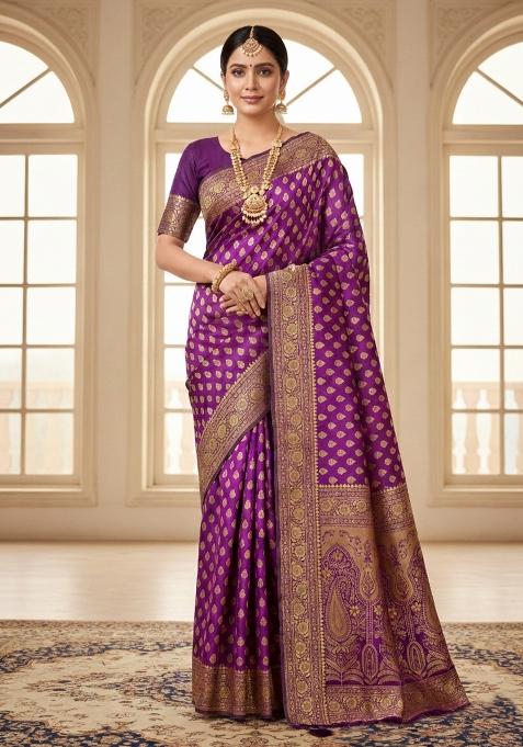 Purple Embroidery Silk Saree Set
