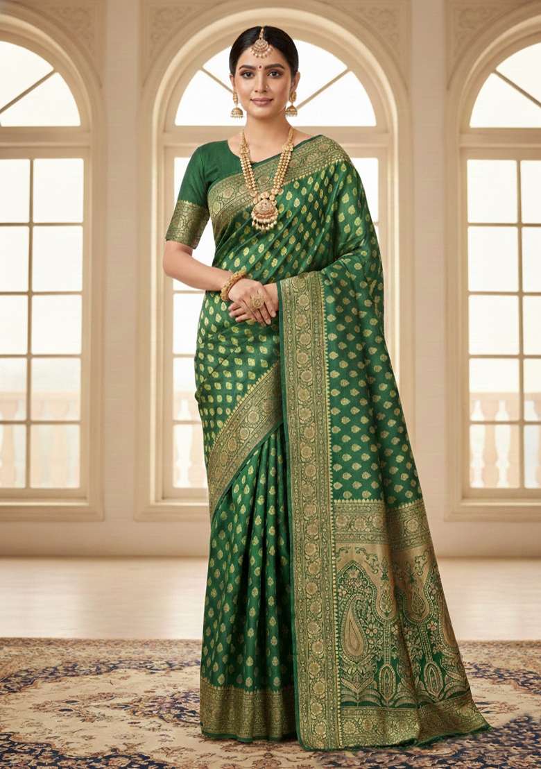 Green Embroidery Silk Blend Saree Set for Diwali and Festive Wear - Indya
