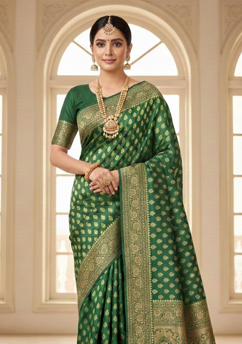 Green Embroidery Silk Saree Set - Indya
