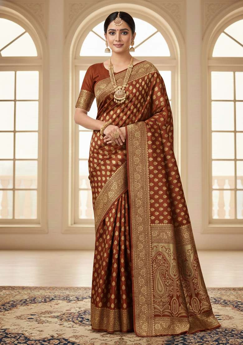 Rust Silk Blend Saree Set with Embroidery for Diwali | Wedding & Festive Wear - Indya