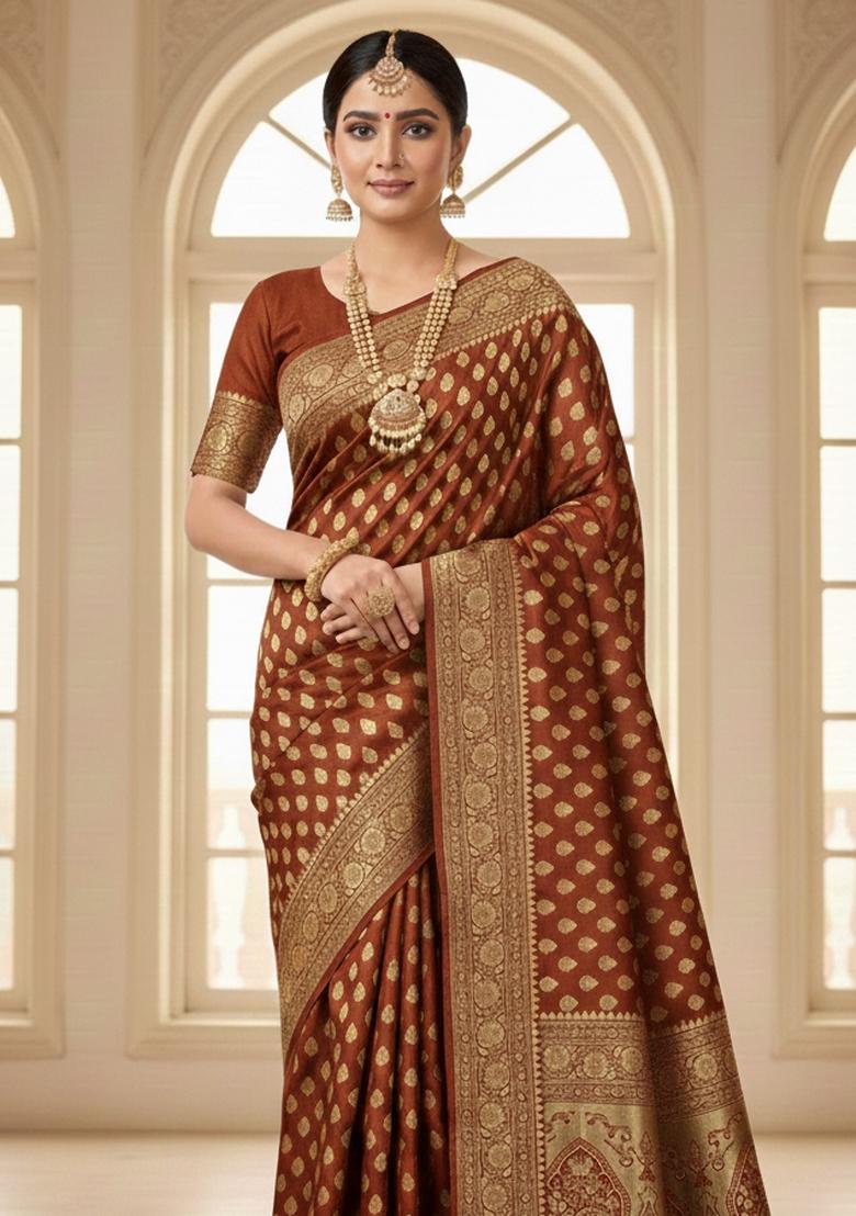 Rust Embroidery Silk Saree Set - Indya