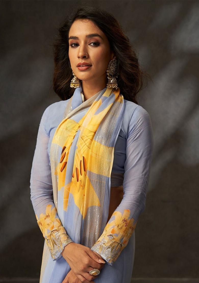 Blue Embroidery Silk Saree Set - Indya