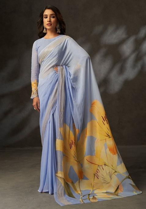 Blue Embroidery Silk Saree Set
