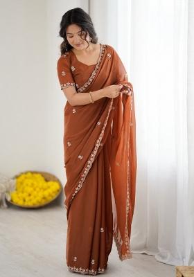 Brown Embroidery Silk Saree Set
