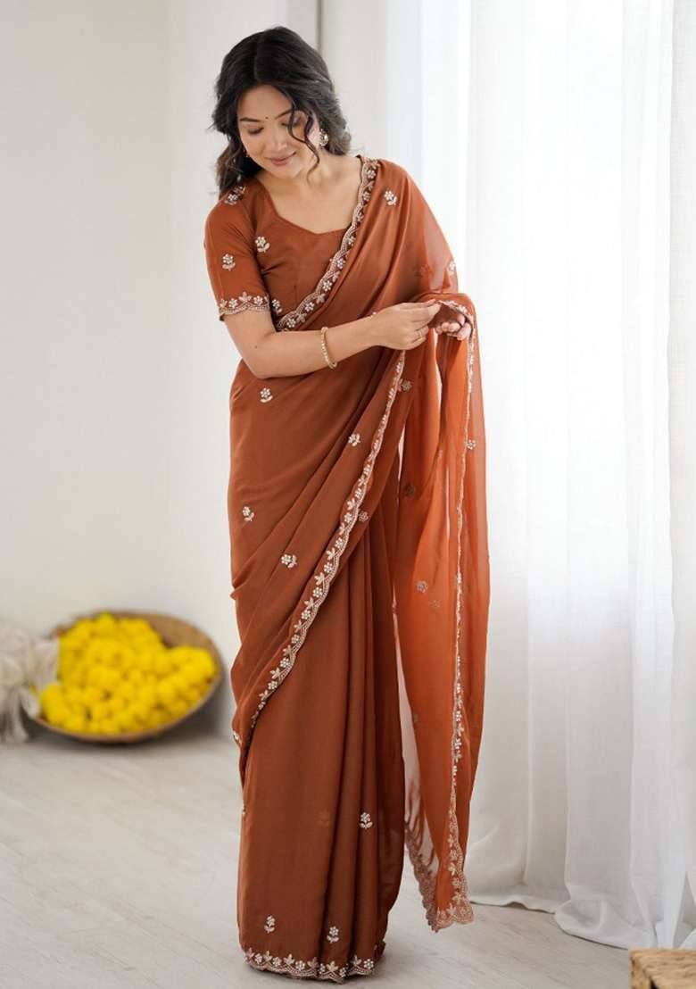 Brown Embroidery Silk Blend Saree Set for Diwali and Festive Wear - Indya