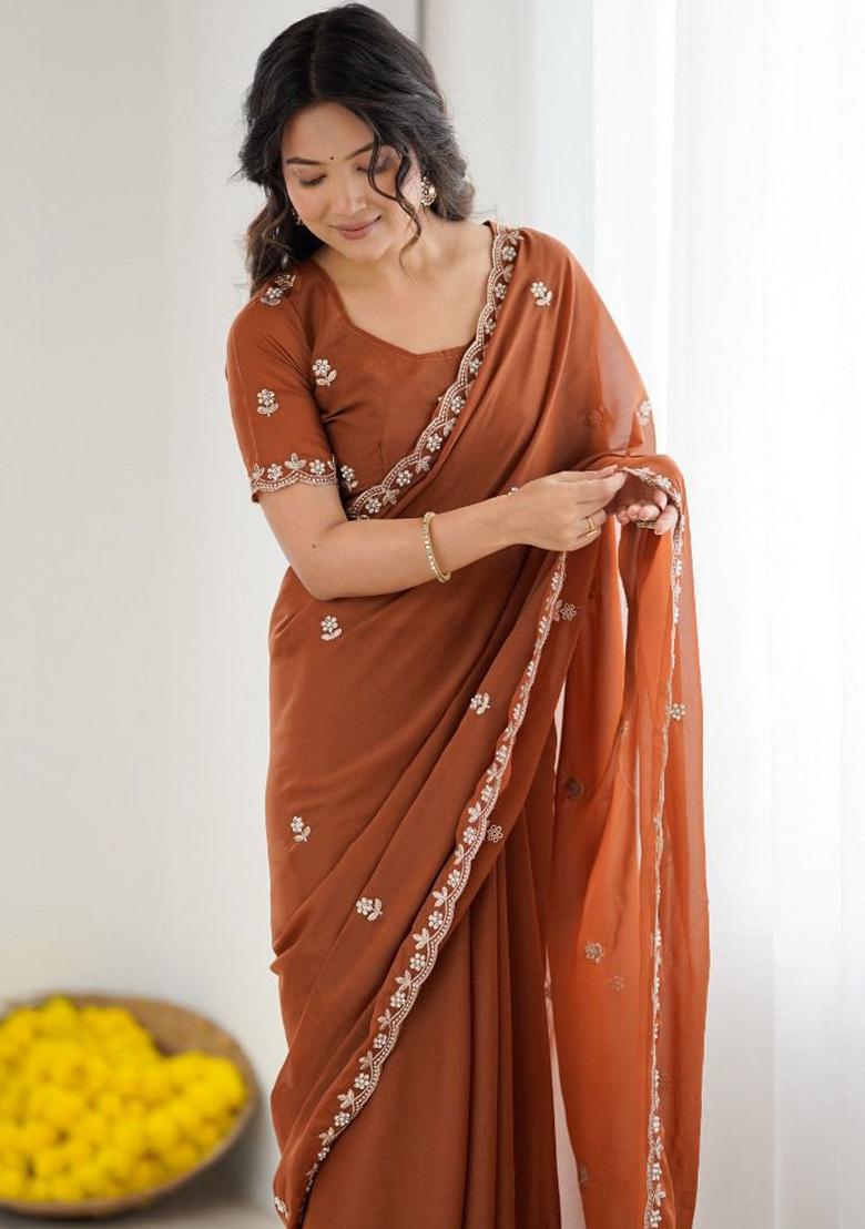 Brown Embroidery Silk Saree Set - Indya