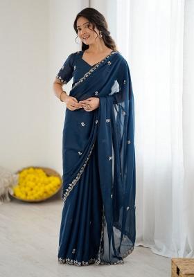 Teal Blue Embroidery Silk Saree Set