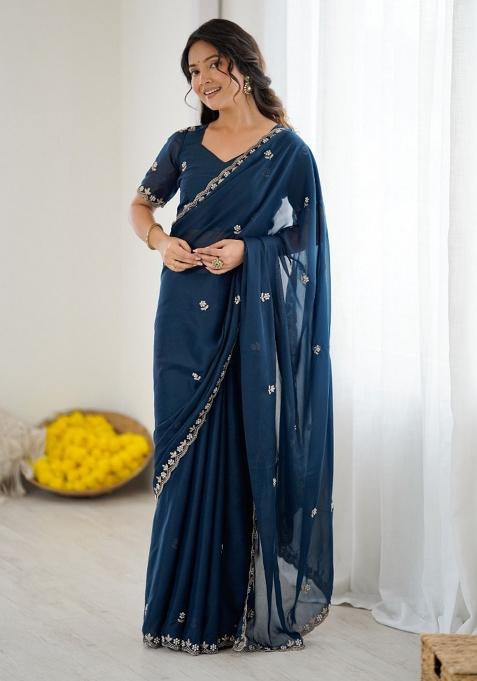 Teal Blue Embroidery Silk Saree Set
