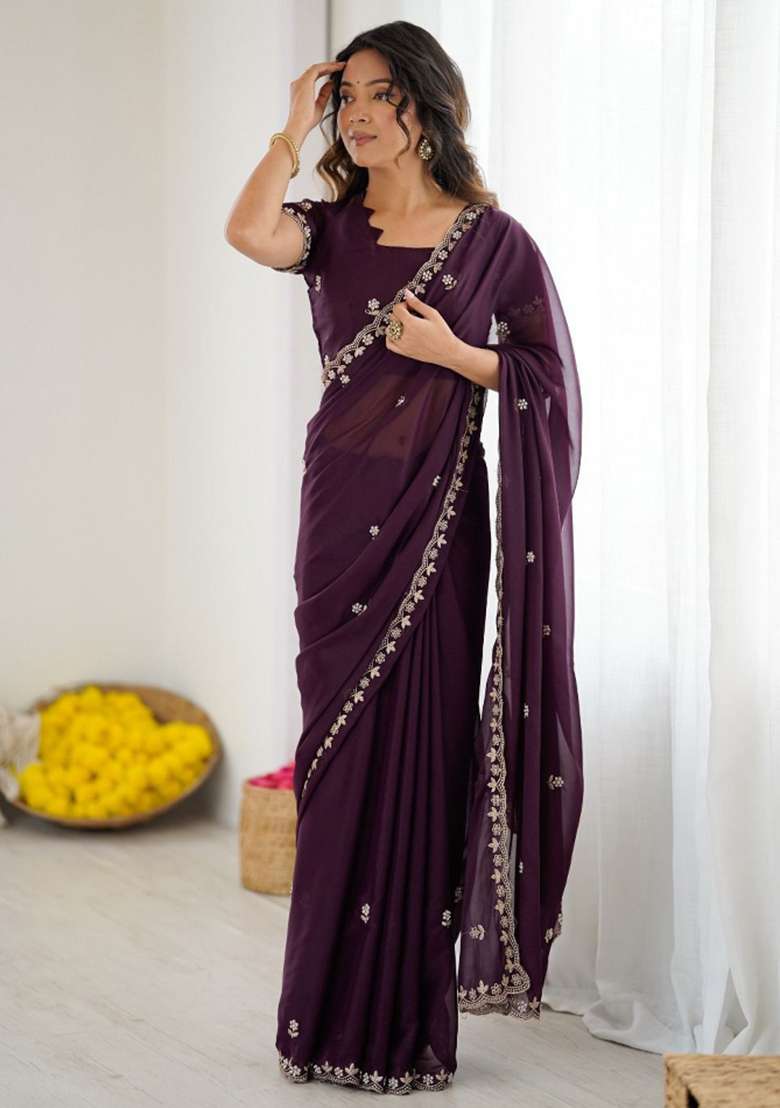 Violet Silk Blend Saree Set with Embroidery for Diwali | Wedding & Festive Wear - Indya