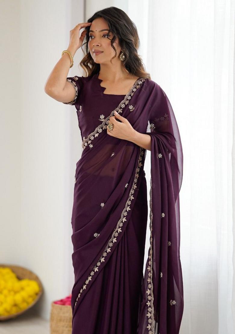 Violet Embroidery Silk Saree Set - Indya