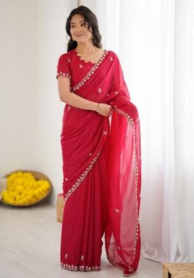 Red Embroidery Silk Saree Set