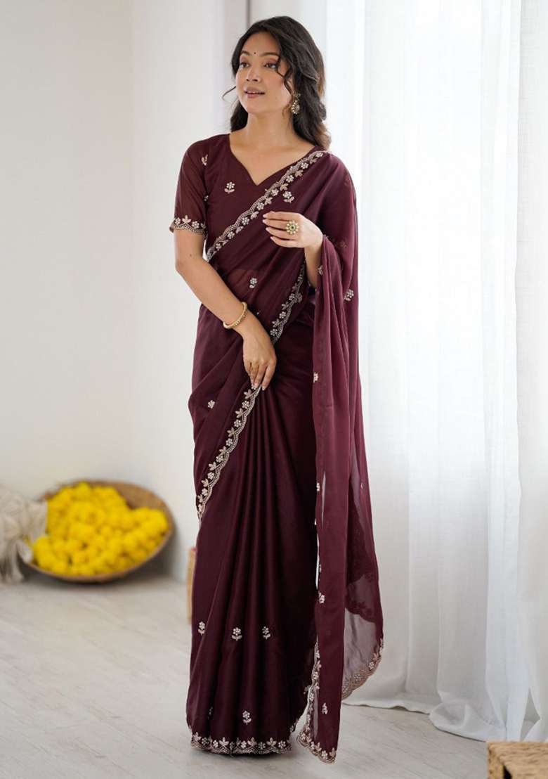 Wine Silk Blend Saree Set with Embroidery for Diwali | Wedding & Festive Wear - Indya