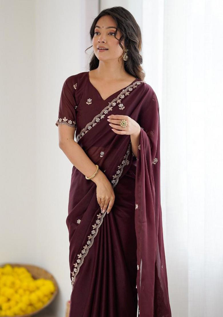 Wine Embroidery Silk Saree Set - Indya