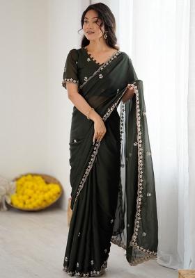 Black Embroidery Silk Saree Set