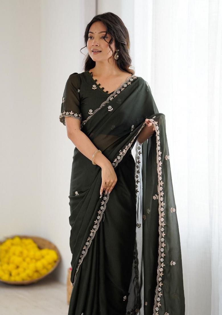 Black Embroidery Silk Saree Set - Indya