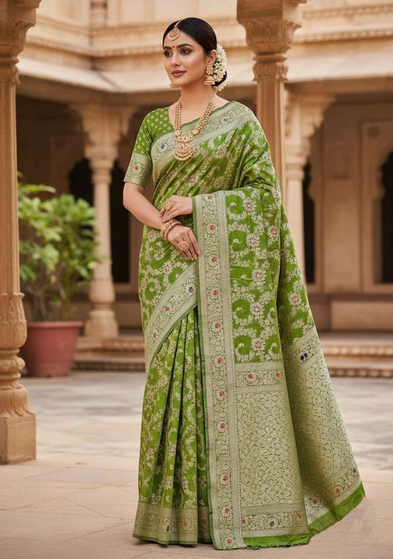 Light Green Embroidery Silk Blend Saree Set for Diwali and Festive Wear - Indya