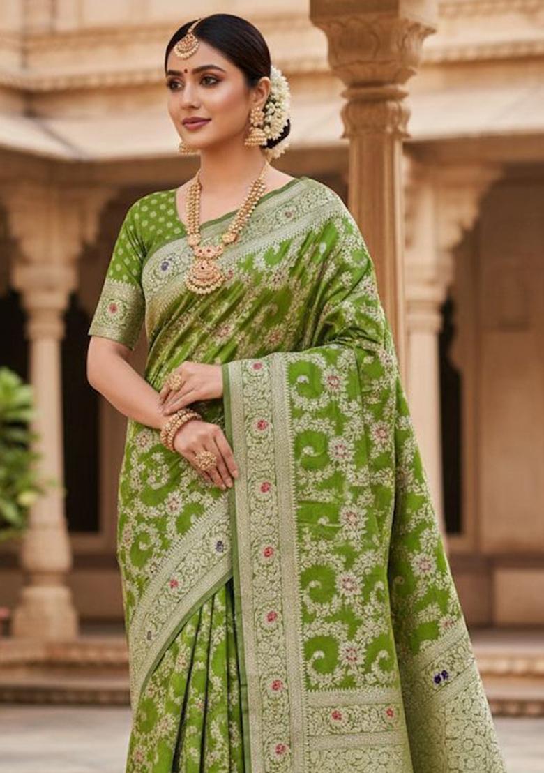 Light Green Embroidery Silk Saree Set - Indya