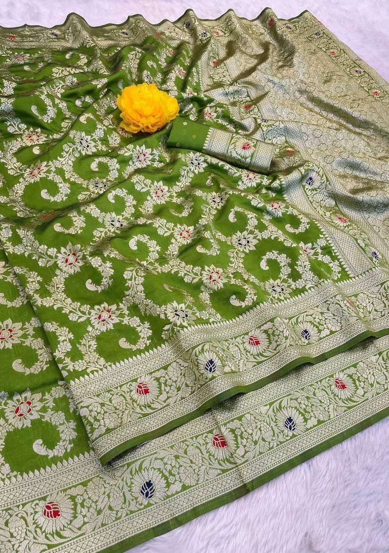 Light Green Embroidery Silk Blend Saree Set for Diwali and Festive Wear - Indya