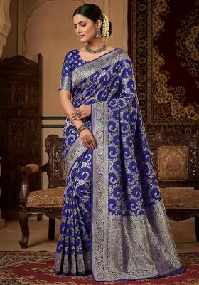 Royal Blue Embroidery Silk Saree Set