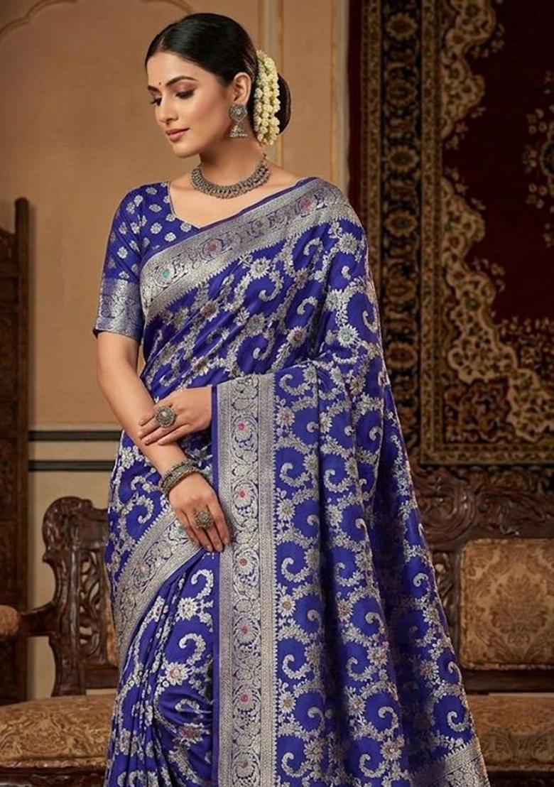 Royal Blue Embroidery Silk Saree Set - Indya