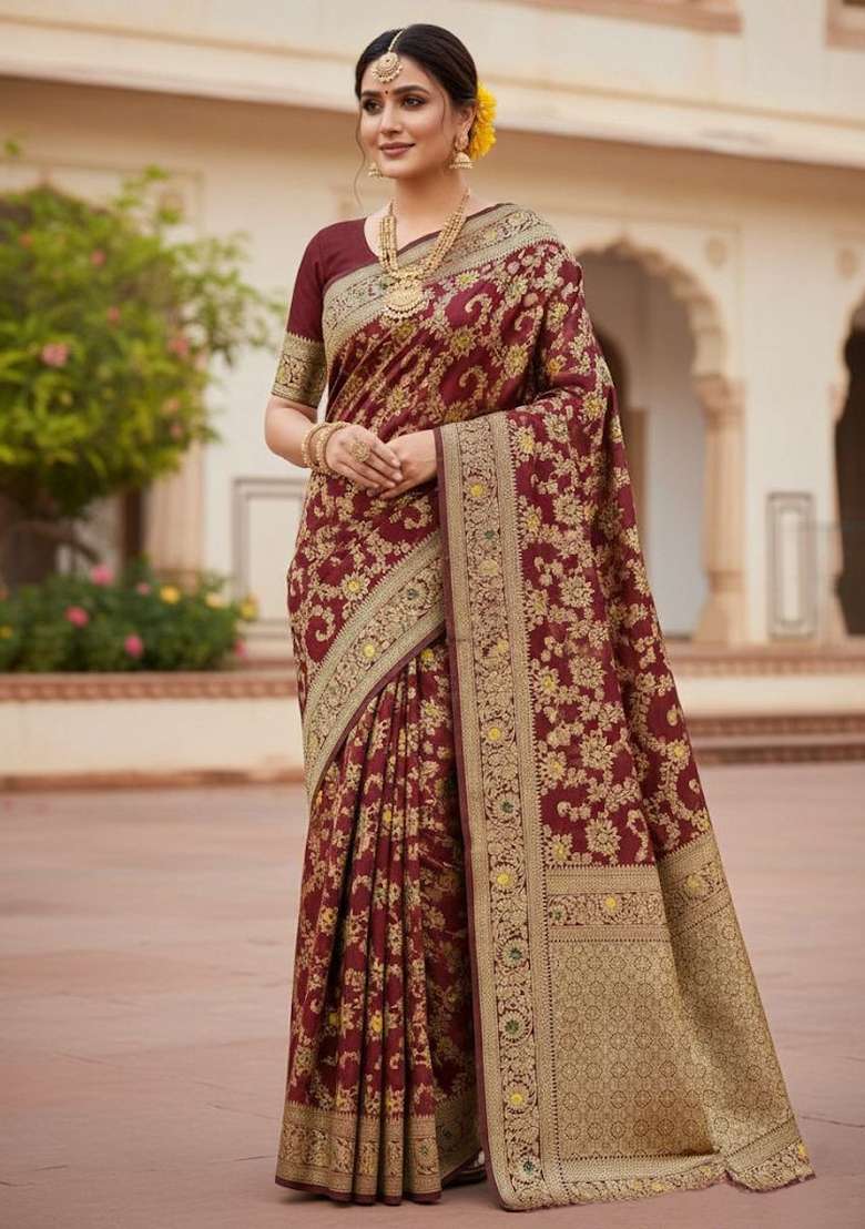 Maroon Silk Blend Saree Set with Embroidery for Diwali | Wedding & Festive Wear - Indya