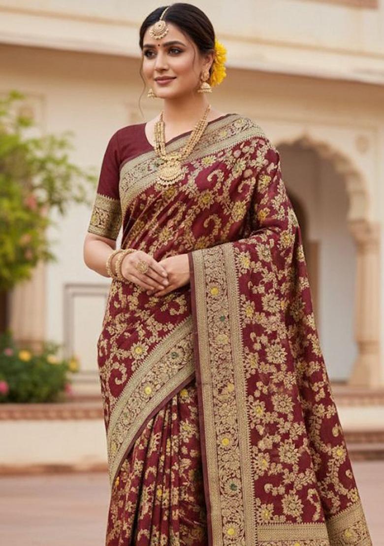 Maroon Embroidery Silk Saree Set - Indya