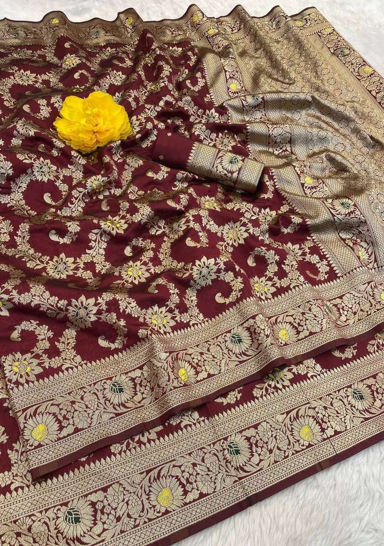 Maroon Silk Blend Saree Set with Embroidery for Diwali | Wedding & Festive Wear - Indya