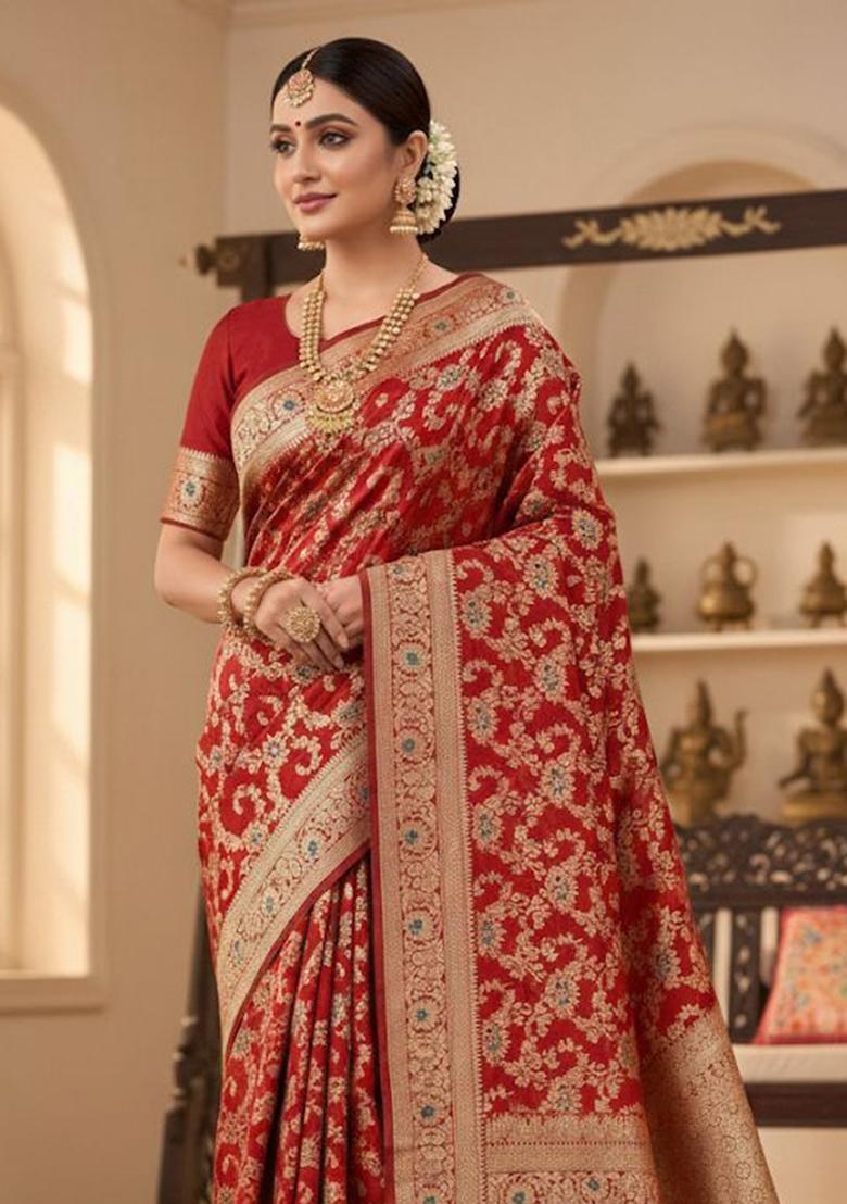 Red Embroidery Silk Saree Set - Indya