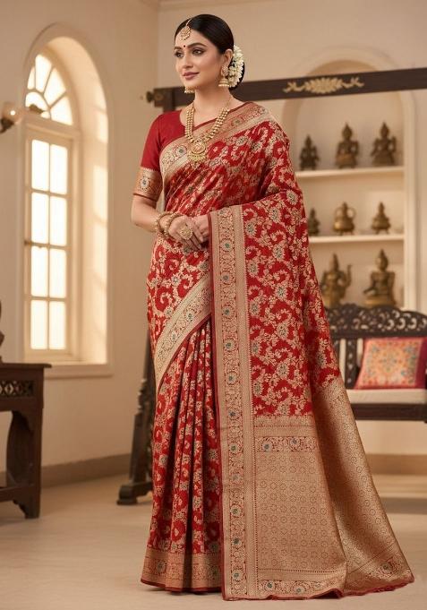 Red Embroidery Silk Saree Set