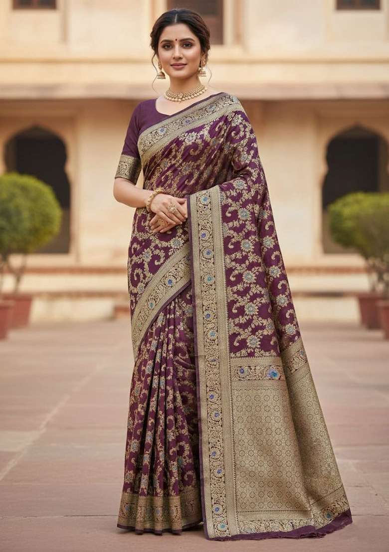 Wine Silk Blend Saree Set with Embroidery for Diwali | Wedding & Festive Wear - Indya