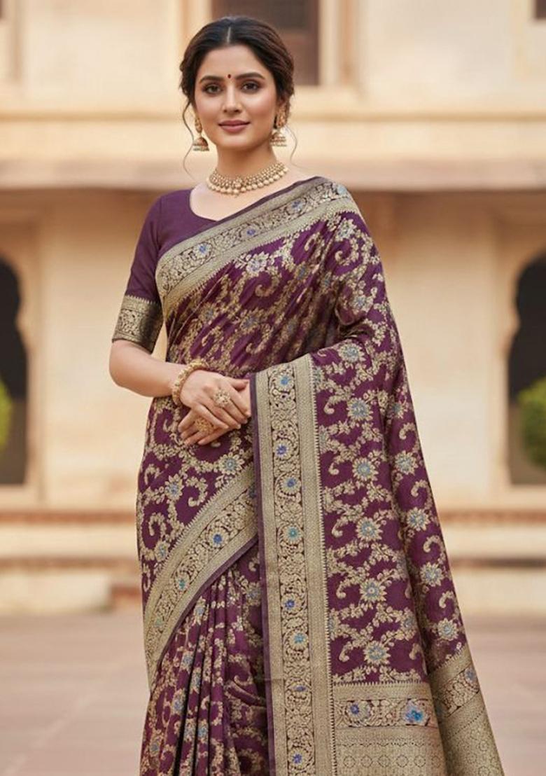 Wine Embroidery Silk Saree Set - Indya